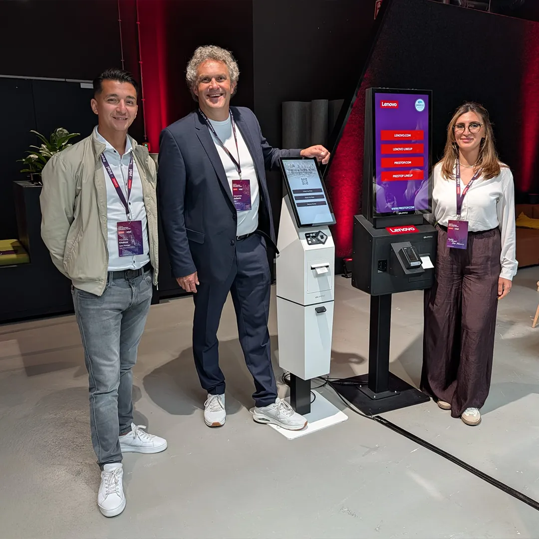 Prestop Kiosklösungen mit Anmeldestele und Bestellstele auf dem Lenovo OEM Innovation Forum DACH in München