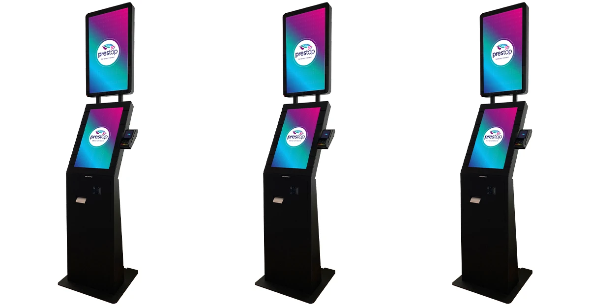 Prestop Kiosk Eminent 24 Zoll mit 27 Zoll Top Screen für Digital Signage